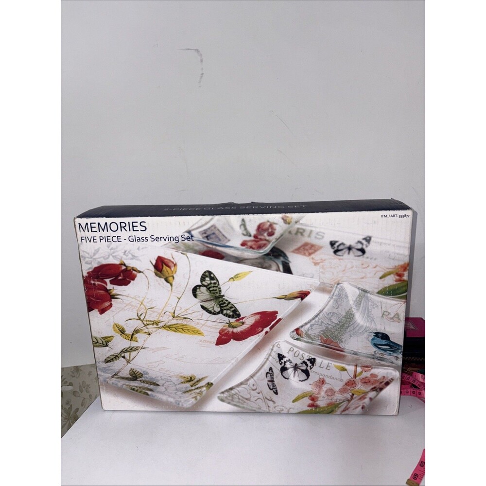 5 pcs Paris Postcard Pela Designs 2 Large‎ Glass Serving Tray 3 bowls Butterfly